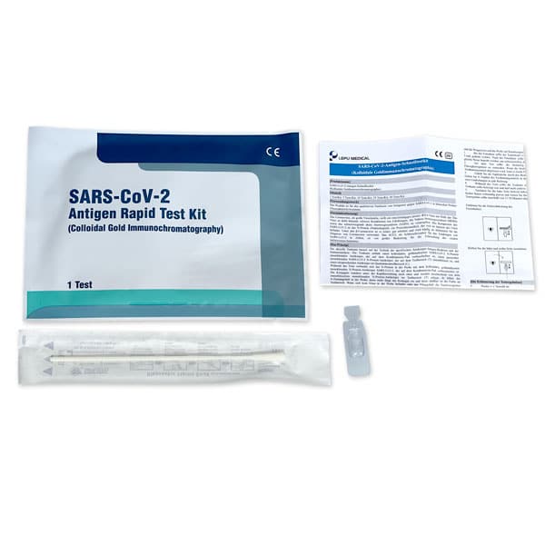 Contents of the Lepu Medical antigen test. Instructions, sealed test cassette, sample stick and sample liquid