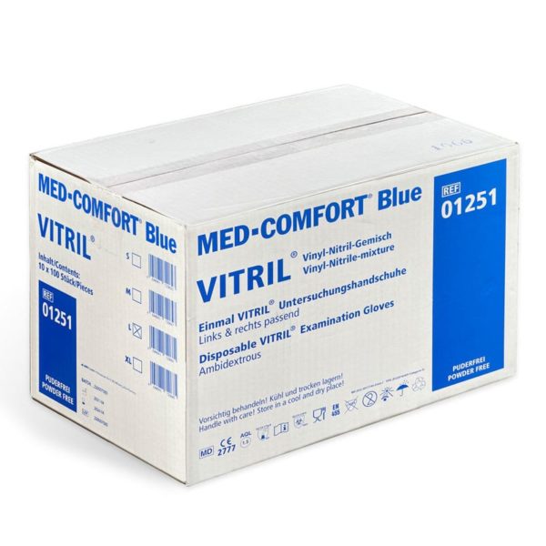 Carton with 10 boxes of Vitril gloves from Med-Comfort