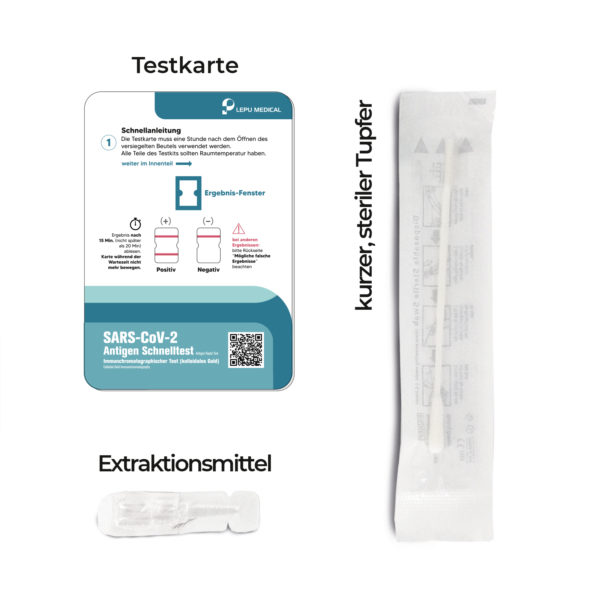 Contents of the Nasocheck Comfort Corona Test. Test card, swab and extractant