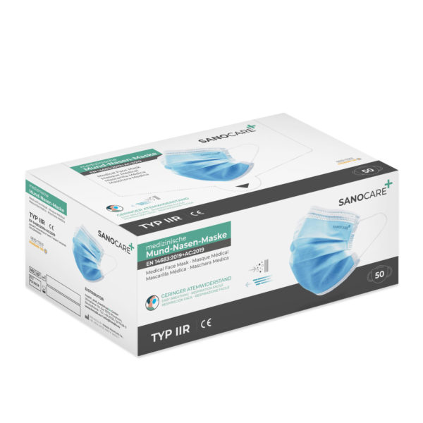 Box of Sanocare Plus mouth and nose mask blue
