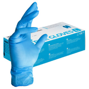 Kingfa Nitril Einweg Untersuchungshandschuhe in blau. Einzelne Box mit 100 Handschuhen. Im Vordergrund ein einzelner Handschuh