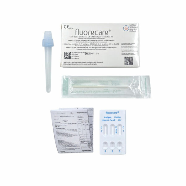 Boxinhalt des Fluorecare Testkit zur Erkennung von SARS, Influenza A/B, RSV. Tupfer, Testkassette, Probenflüssigkeit, Anleitung