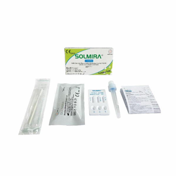 Boxinhalt des Solmira Testkit zur Erkennung von SARS, Influenza A/B, RSV. Tupfer, Testkassette, Probenflüssigkeit, Anleitung