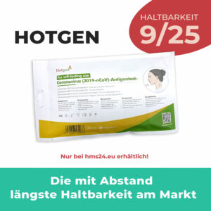 Die Soft-Pack Verpackung des Hotgen Laientest. Dazu der Text: Die mit Abstand längste Hlatbarkeit am Markt. Haltbarkeit 09/25
