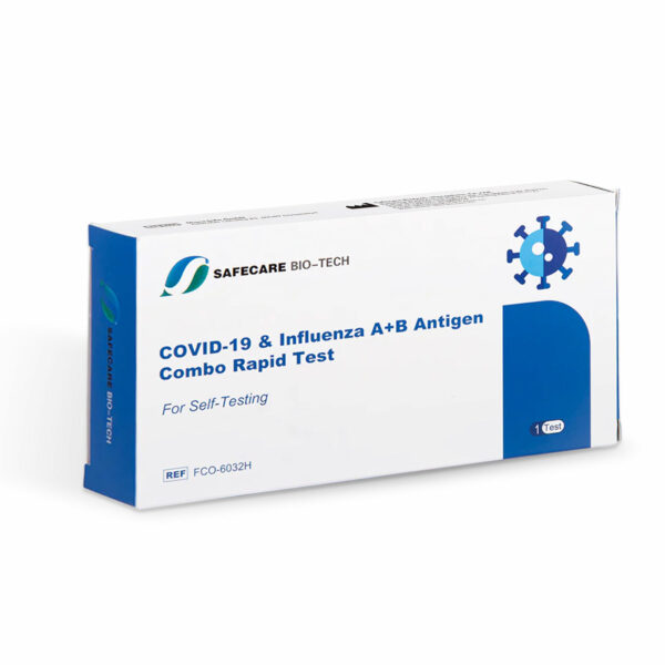 Die Box des Safecare Laien- Combotest 3in1 für die Erkennung von Covid-19 und Influenza A/B.