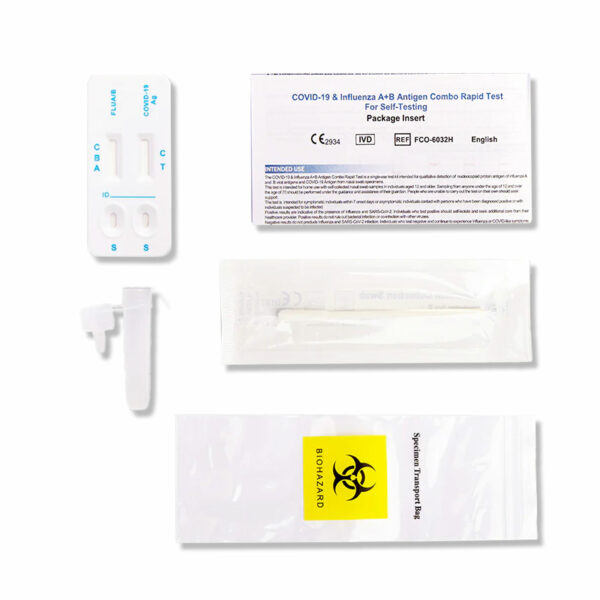 Boxinhalt des Safecare Laien- Combotest 3in1 für die Erkennung von Covid-19 und Influenza A/B.